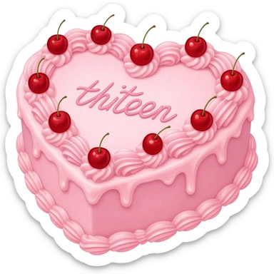 pink vintage heart cake with red cherries on top and thirteen written in cursive in the middle sticker