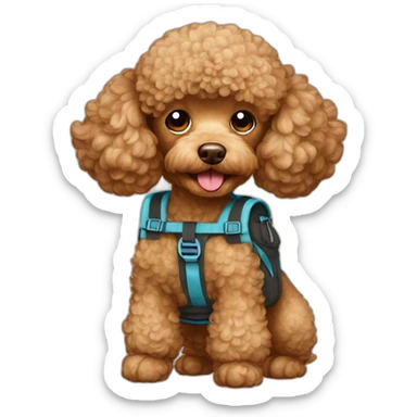 Light brown toy poodle with a backpack sticker