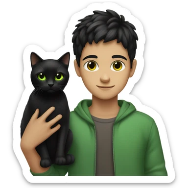  boy with black hair and brown eyes holding a black cat with green eyes sticker