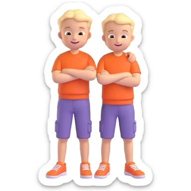 Two cartoon-style boys with similar features, arms around each other's shoulders, smiling, matching outfits, standing close, white background, emoji style sticker