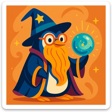 whimsical style wise penguin wizard with glasses, a long beard, and a magical orb sticker