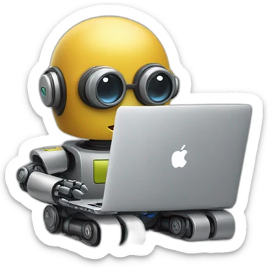 A cute little geeky robot typing on a MacBook Pro  sticker