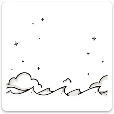 hand-drawn decorative elements including clouds, stars, ocean waves in a whimsical and airy children's book illustration style, clean and minimal, pastel tones, pencil or ink sketch look sticker