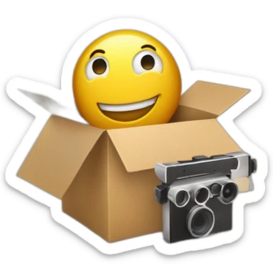 Video icons, movie camera, film, play, logos, likes, thumbs up, marks, views, coverage, applause fly out of a Cardboard box sticker