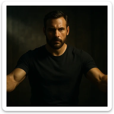 hyper realistic 4K cinematic image of a man exuding masculine and protective energy, intense but serene face, dramatic shadows, open arms, cinematic atmosphere sticker