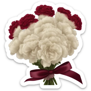 A classic bouquet of crimson carnations tied with a delicate lace-trimmed burgundy ribbon sticker