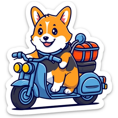 smiling corgi riding a motorcycle sticker