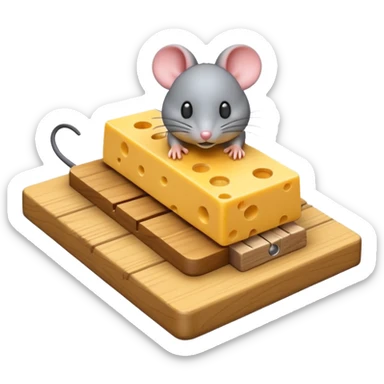 A 3D emoji in iOS emoji aesthetic style of a small mousetrap on a wooden base with a tiny gray mouse approaching a small piece of yellow cheese on it, minimal white background, bright lighting, clean and glossy Apple-style design sticker