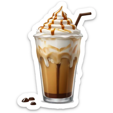 realistic iced latte with whipped cream and caramel drizzle in fancy glass sticker