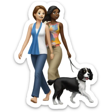 2 ladies walking a black and white spaniel on a beach sticker
