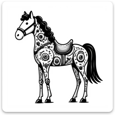 Detailed sketch of a horse assembled from mechanical cogs, analog components, exposed wires, and rope connecting the parts sticker