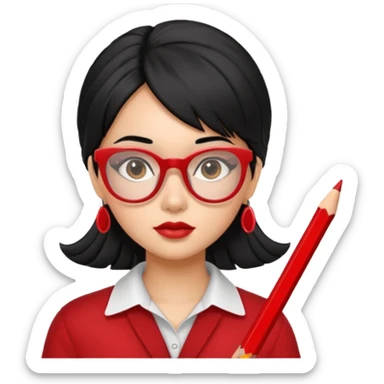Morena girl with black hair in a pencil that creates a hun hairstyle. She has red glasses sticker