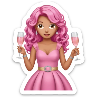 One lady with long pink curled hair and tan skin wearing a pink dress with sparkly belt holding a glass of pink champagne in each hand sticker