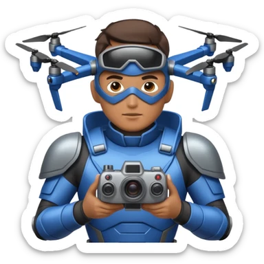 Un photographe homme high tech, une armure de terrain à la super héro. Il a des appareils photos, des caméras embarquées et un drone derrière lui en hauteur. sticker