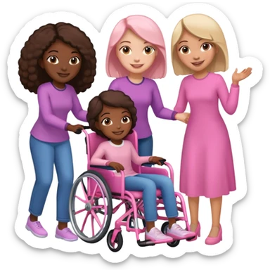 One dark skinned sister and one light skinned sister pushing her light brown sister in a pink wheelchair sticker