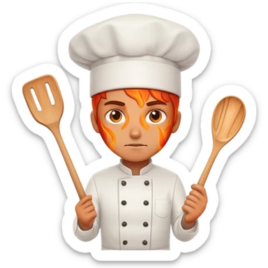 determined chef with fiery eyes, holding spatula sticker