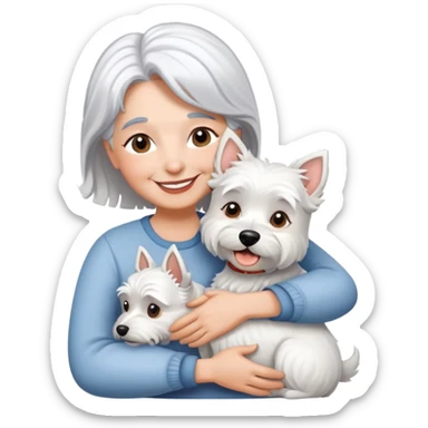 one silver-haired 60-ish lady smiling and hugging westie sticker