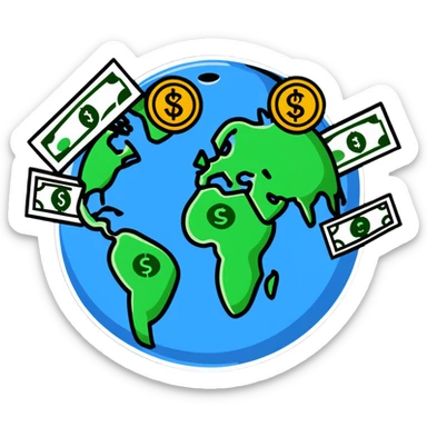 Money world with dollar bills and coins surrounding Earth sticker