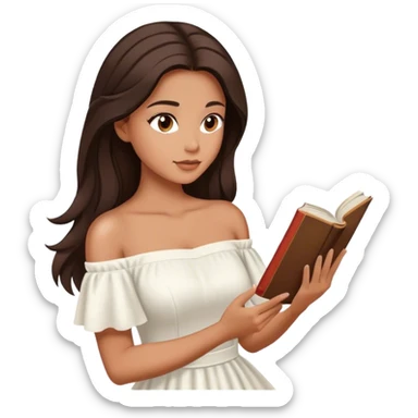 Beautiful woman in 1950’s woman fashion look, off-shoulder white dress, long dark brown hair, reading  sticker