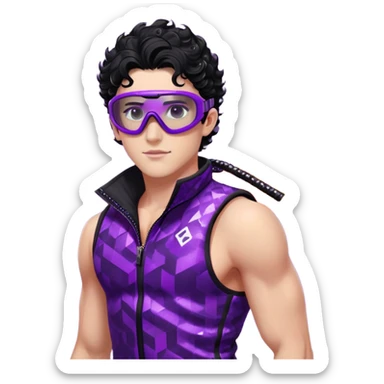male athlete with white skin and moderately curly black hair on top with shaved sides, wearing ski goggles with purple frames and very dark black lenses, a simple plain black chain necklace, and a completely unzipped sleeveless vest with purple and black sequin fire pattern design, fully revealing his chest, shoulders and arms, no earrings sticker