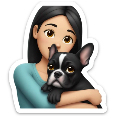 A girl with dark hair hugs a black French bulldog sticker