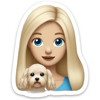 Blonde girl with long straight hair with blue eyes holding a beige maltipoo sticker