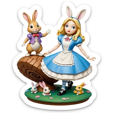 Still life, hyperrealism, ultra detailed illustration of the most incredibly amazing modern style of disney's Alice in wonderland falling down the  rabbitbhole
figurine imaginable, toy style. sticker