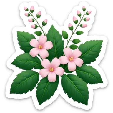 Aesthetic flowers and plants growing from the ground in colours of soft pink matching the deep green leaves (to describe/match with the word flourish) more of a wild bush or vine  sticker