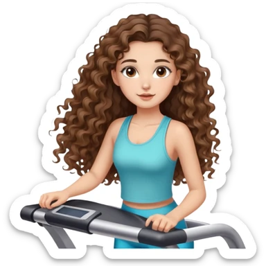 cute girl long brunette balayage curly/wavy not voluminous hair, brown eyes, hoop earrings, natural pretty clean makeup: on a treadmill walking sticker