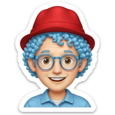 light blue haired man curly hair with big ears and red earrings and spectacles happy and hat wearing sticker