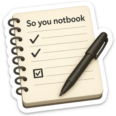 emoji of white vintage notebook with some list on it and a black pen nearby sticker