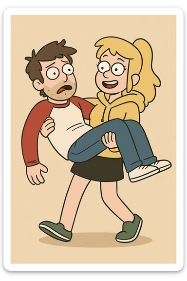 A man Raglan sleeves with Red t-shirts blue jeans white shoes carried by a cute a girl yellow hoodie black skirt green shoe  sticker