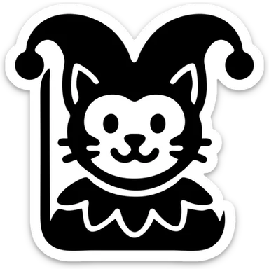 crazy cute little cat jolly joker from poker, medieval, vintage, court jester, mac os icon, purple, gold and red color, head + torso. Squared shape as 3D mac os system icon, symmetrical sticker