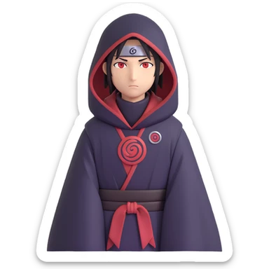 Itachi Uchiha themed emoji inspired by Naruto, featuring iconic Akatsuki cloak, Sharingan eyes, calm expression, modern emoji style sticker