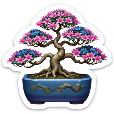 Futuristic wild et alien moss maples Bonsai hair-fine-leaf group crimson crystal azalea purple and cream pink blue informal rocky cliffhanger forest planting in shallow slab style pot  sticker