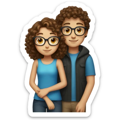 Girl with brown curly hair and blue eyes hugs boy with brown hair and glasses  sticker