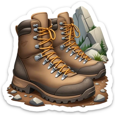 Cinematic Realistic Hiking Boots, well-worn leather boots resting on a rocky trail, scuffed edges and dirt-speckled laces adding character, glowing softly under the dappled sunlight filtering through the trees. sticker
