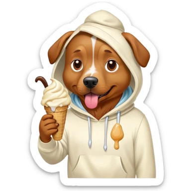 A brown dog wearing a white hoodie while eating melted ice cream sticker