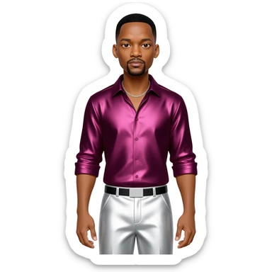 Will Smith with black hair, dark pink metallic shirt, white metallic baggy pants, silver necklace sticker