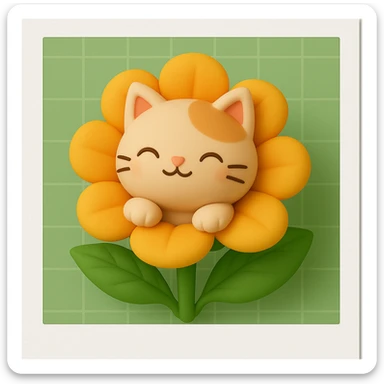 A cute cat with its face peeking out from a large orange flower with yellow petals. The cat has a small smile and is sitting comfortably within the flower. The background is a light green grid pattern. Add a polaroid frame. The image should be in a Kawaii style. sticker