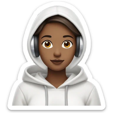 Dark brown hair, girl wearing a white hoodie and airpod max  sticker