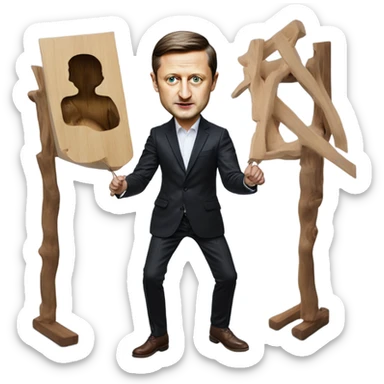 Hyper realistic Vladimir Zelensky pulls the strings of a wooden doll sticker