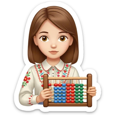 A Ukrainian girl with brown hair in an embroidered shirt holds an Abacus sticker
