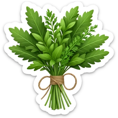 bouquet garni herb bundle, fresh thyme, bay leaf, parsley, tied with twine, natural green color and texture, neat arrangement, soft lighting, subtle shadows, no pot or dish, no faces, emoji scale sticker