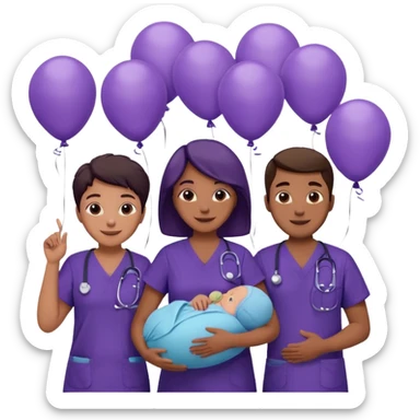 Create Happy & celebrating team faces for a hospital with a newborn saved with dress color as dark voilet sticker