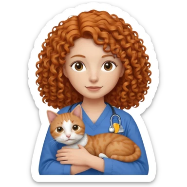 a ginger curly hair vet woman with blue scrub holding a cat sticker