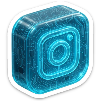 Futuristic Instagram logo, glossy circuit style, luminous blue highlights, transparent background sticker