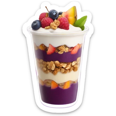 Açaí in a clear cup with layers of fruits and granola and condensed milk sticker