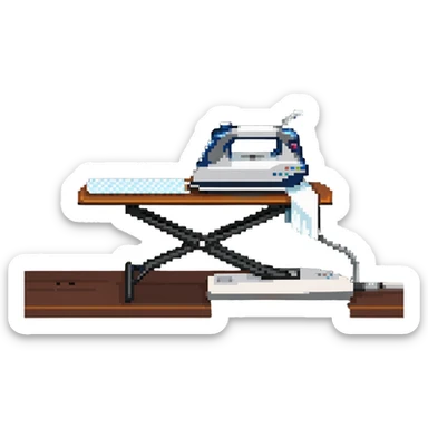 A detailed clothes iron next to an ironing board sticker
