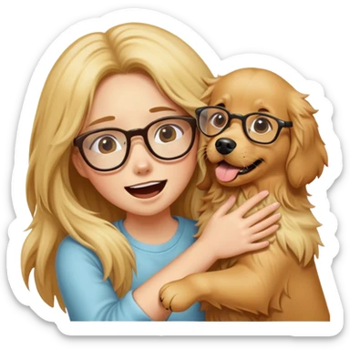 A long-haired girl wearing glasses was attacked by a golden retriever sticker